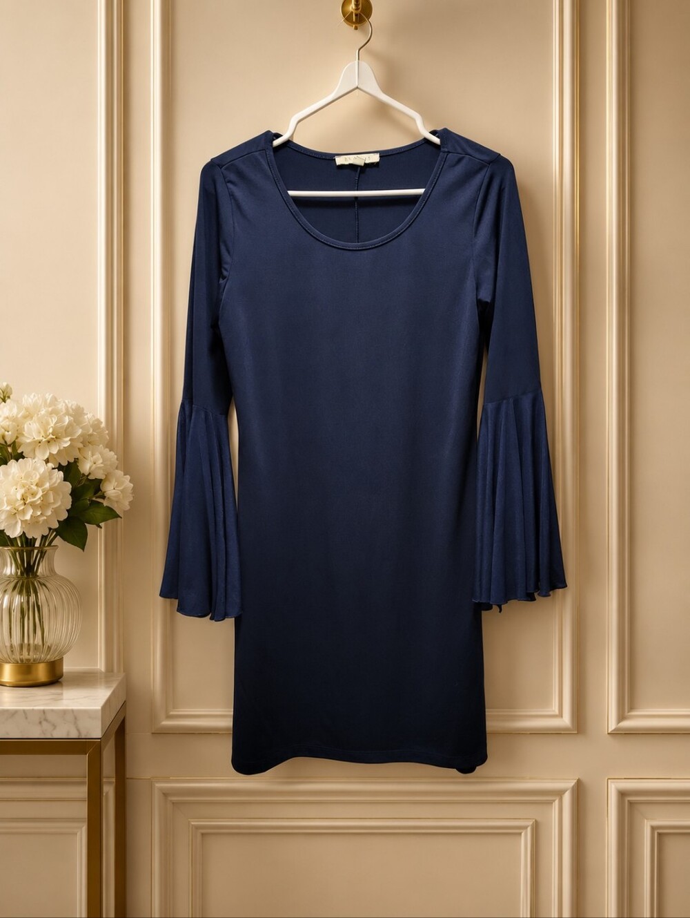 NWOT Sandiva Small Navy Midi Dress with Fluted Bell Sleeves